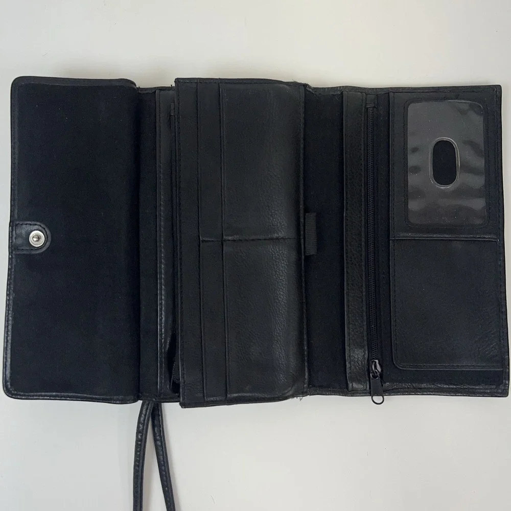 FOSSIL Leather Wallet Clutch Removable Crossbody Shoulder Strap‎ Organizer Black